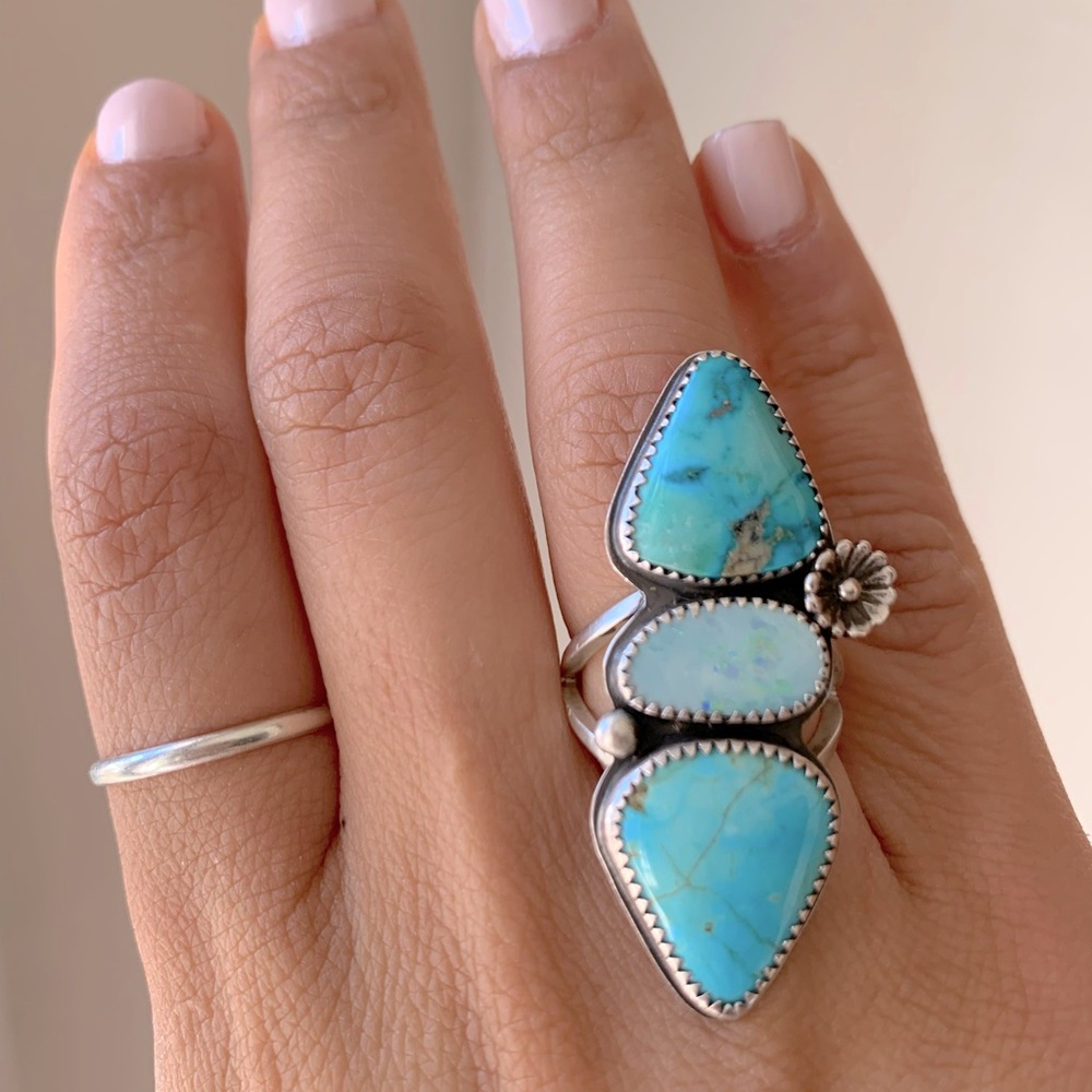 Custom-Made Australian Opal & Turquoise Sterling Silver Ring